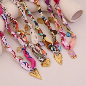 Stainless Steel Scarf Necklace With Colorful Heart Sunflower Pendants Bohemian Satin Fabric Choker Jewelry For Women