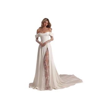 Elegant off-shoulder white satin wedding dress with lace sleeves and long train