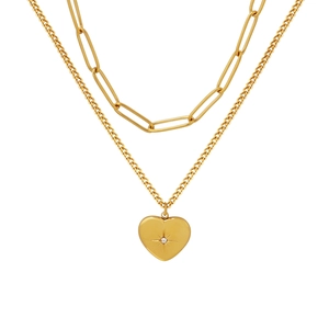 Collana Doppio Strato Ciondolo Cuore Acciaio Al Titanio Placcato Oro 18k Zircone Stella Catena Graffetta Donna