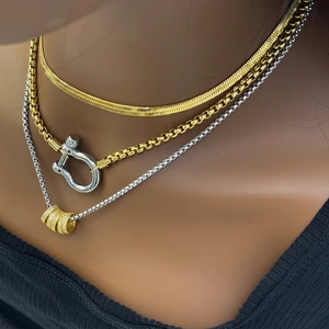 Three-layer 18K gold plated stainless steel necklace set with pearl chain and horseshoe charm