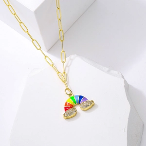 18K gold plated necklace featuring a rainbow enamel pendant with cubic zirconia clouds