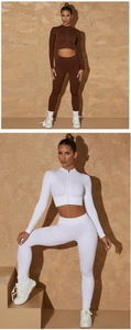 Detail of ribbed seamless yoga set showing high waist leggings and zipper crop top
