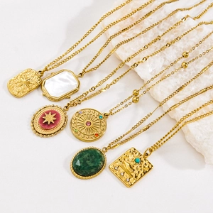 French vintage stainless steel necklaces with natural shell and colorful zircon pendants