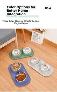 Close-up of non-slip pet double bowls set with stainless steel inserts in three colors