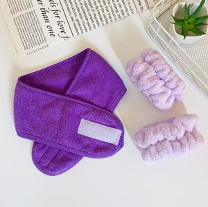 Microfiber yoga headbands and wristbands set in purple tones for face washing