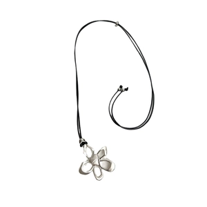 Minimalist silver flower pendant necklace with adjustable black cord chain and 925 engraving