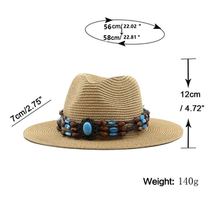 Chapeau de cowboy en paille style ethnique avec bande perlée et protection solaire