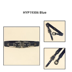 Detail of navy blue elastic wide belt with vintage engraved silver double buckles