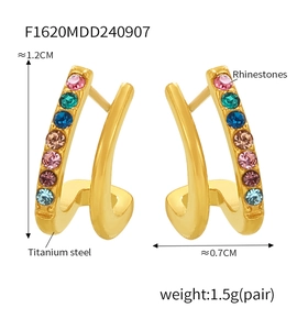 Detail view of gold titanium steel U-shaped earrings with rhinestones and dimensions