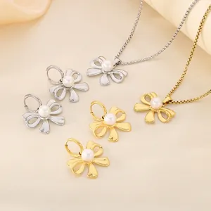Bijoux Nœud Rétro Français Pour Femmes Collier Et Boucles D'oreilles En Acier Inoxydable Avec Künstliche Perle Coquillage