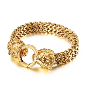 Men's heavy duty stainless steel lion head bracelet in polished gold finish