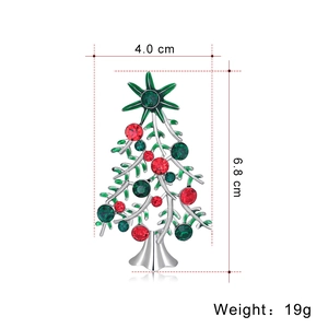Christmas tree brooch with red and green crystals on silver alloy base, 6.8x4.0 cm