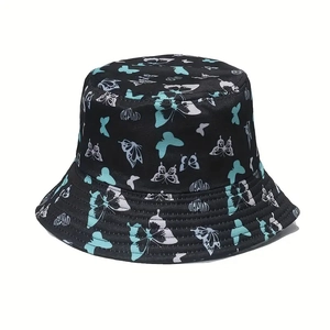 Unisex black butterfly print bucket hat in water-resistant fabric for outdoor sun protection