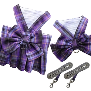 Purple plaid dog harness dress and leash set with bowknot for pets, studio white background