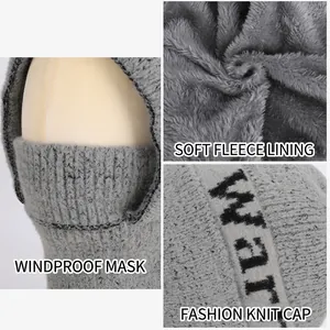 Winter fleece-lined knitted balaclava with warm ear protection and neck cover in grey