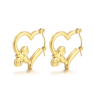 Golden heart-shaped hoop earrings with 3D bee charms in polished stainless steel