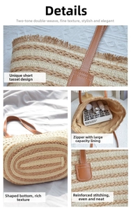 Detail of hand-woven straw tote with fringe trim, zip lining and reinforced handles
