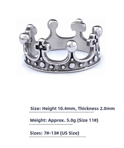 Detailed size specifications for the crown cross punk ring in vintage stainless steel