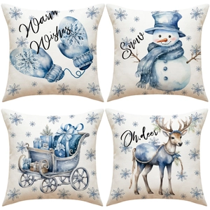 Christmas Pillow Covers Cotton Linen Blend Watercolor Blue Snowman Reindeer Snowflake Square Decorative Cushion Covers Home