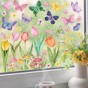 Double-sided watercolor window clings with tulips, colorful butterflies and mushrooms