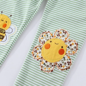 Toddler girls striped leggings with cute honeybee and sunflower embroidery patches