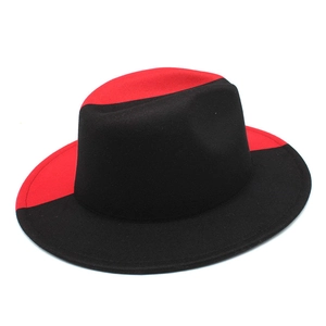 Modern two-tone red and black wool felt fedora hat with a flat brim and jazz style