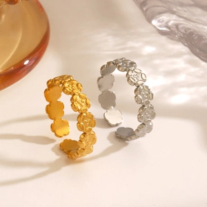 Flower Ring Stainless Steel Vacuum Gold Plated Adjustable Open Finger Band Hollow Floral Minimalist Jewelry For Women