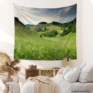 Bohemian nature landscape tapestry showing green rolling hills and trees for home decor