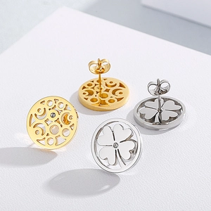 Minimalist stainless steel clover and hollow disc earrings with sparkling rhinestones