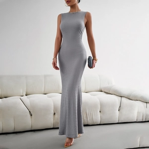 Sleeveless Maxi Dress Knitted Textured Slim Fit Fishtail Hem Round Neck High Waist Solid Color Elegant Party Wear Women