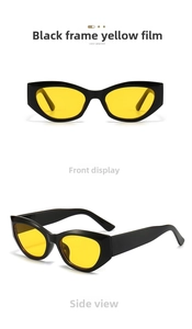 Detailed front and side view of cat-eye sunglasses with black frames and yellow lenses
