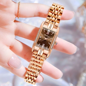 Luxury women's square roman numeral watch with rose gold diamond case and metal strap
