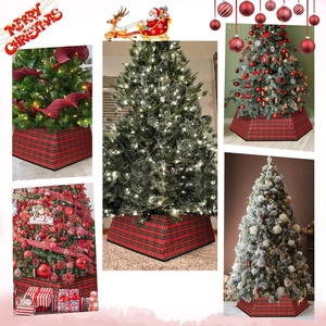 Collage of red and black buffalo plaid Christmas tree collar in various home settings