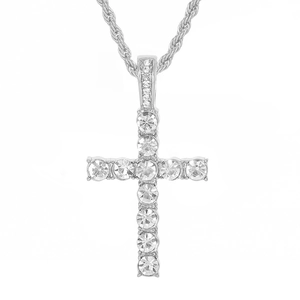 Hip hop silver cross pendant necklace with clear sparkling rhinestones on tennis chain