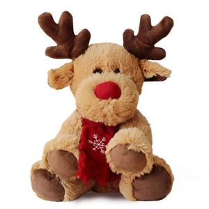 Plush reindeer toy with red nose and snowflake scarf for Christmas gift decoration