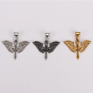 Mens stainless steel angel wing cross pendants in silver, dark silver and gold colors