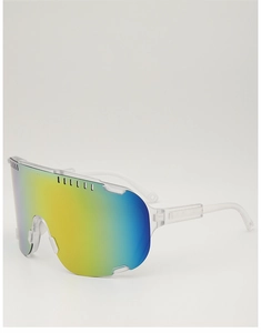 Detail view of sports sunglasses with yellow-blue gradient lenses and clear frame