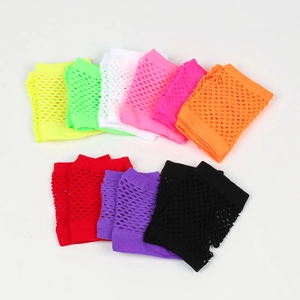 Macro shot of colorful short fishnet gloves in nine vibrant neon shades on white background
