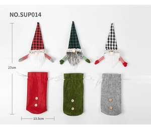 Three-piece Christmas gnome wine bottle covers set with plaid patterns and gnome beard details