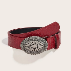 Vintage Women PU Leather Belt American Style Crocodile Pattern Oval Engraved Buckle Red Wine Red Waist Strap For Dress Suit