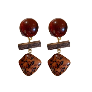 Boucles d'oreilles cœur en bois marron rétro avec motif œil de tigre pour femme