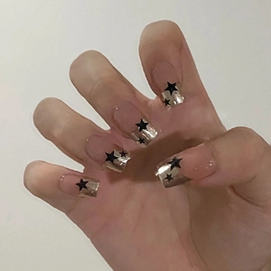 French Gold Tip Press On Nails Square Black Star Pattern Artificial False Nails With Glue For Women Girls