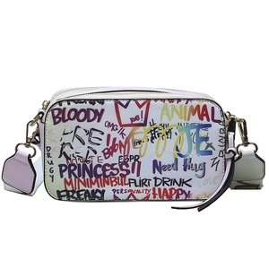 Graffiti printed camera bag for women with wide shoulder strap and gold zippers
