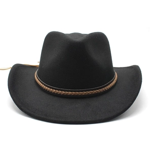 Classic black wool fedora hat with brown braided leather band for men and women