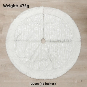 Detail of 48 inch white plush Christmas tree skirt with silver sequin embroidery