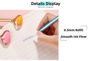 Close-up of a 0.5mm stress-relief massage gel pen showing the rotating roller head and grip