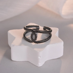 Retro black stainless steel open ring with twisted texture and double layer design