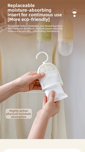 Close-up of placing an eco-friendly desiccant refill into a white hanging dehumidifier case