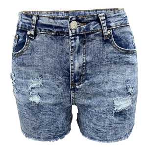 Pantalones cortos vaqueros de tiro alto con detalles rotos y bajos deshilachados azul