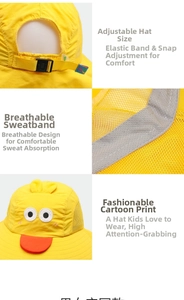 Detail view of yellow kids sun hat with breathable mesh and adjustable elastic strap